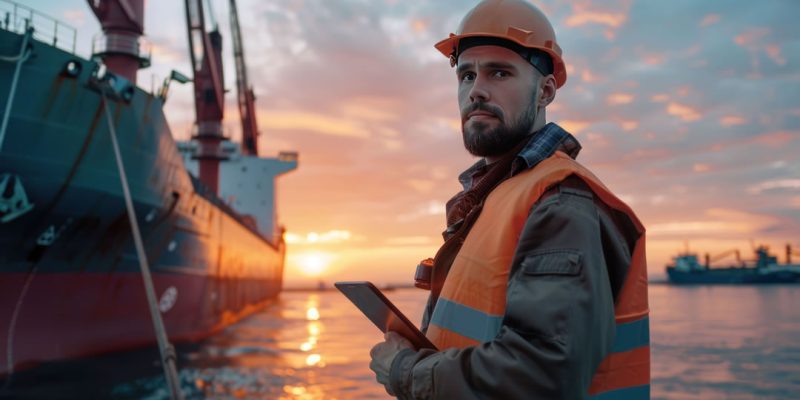 ingeniero-con-tableta-de-pie-mirando-el-barco-en-el-puerto-al-atardecer